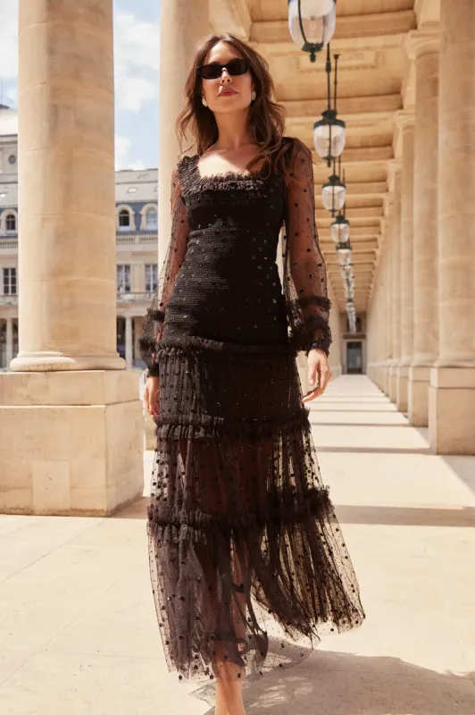 Polka Dot Smocked Long Sleeve Ankle Gown sold by Needle & Thread