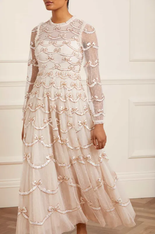 Bow Sequin Long Sleeve Gown sold by Needle & Thread