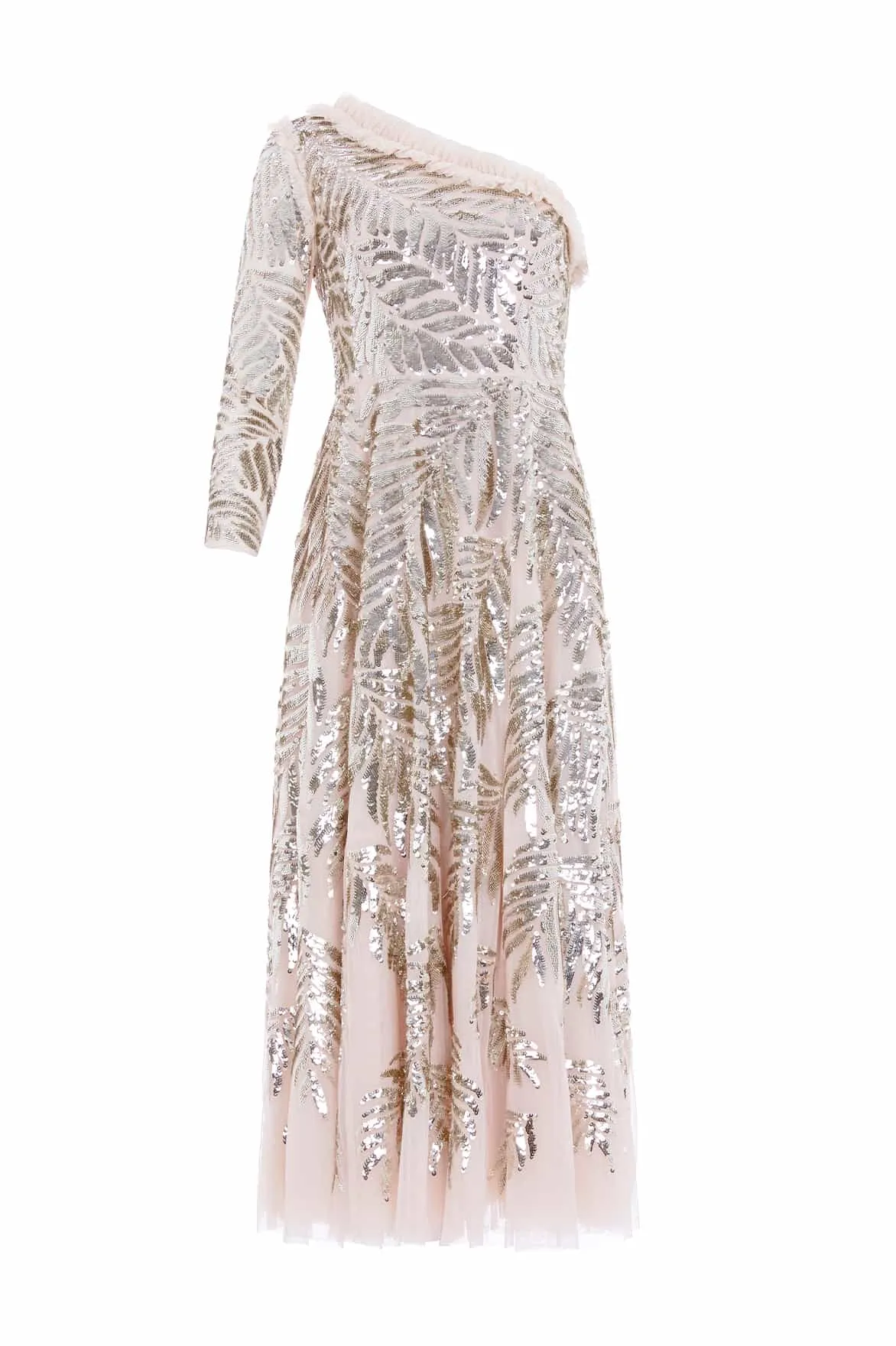 Feather Sequin One-Shoulder Ankle Gown sold by Needle & Thread product image thumbnail 2