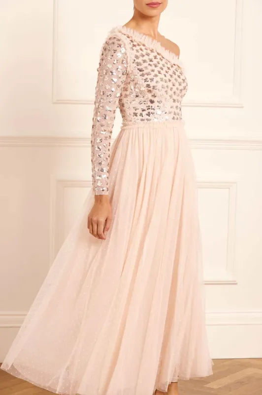 Glisten Bodice One-Shoulder Ankle Gown sold by Needle & Thread