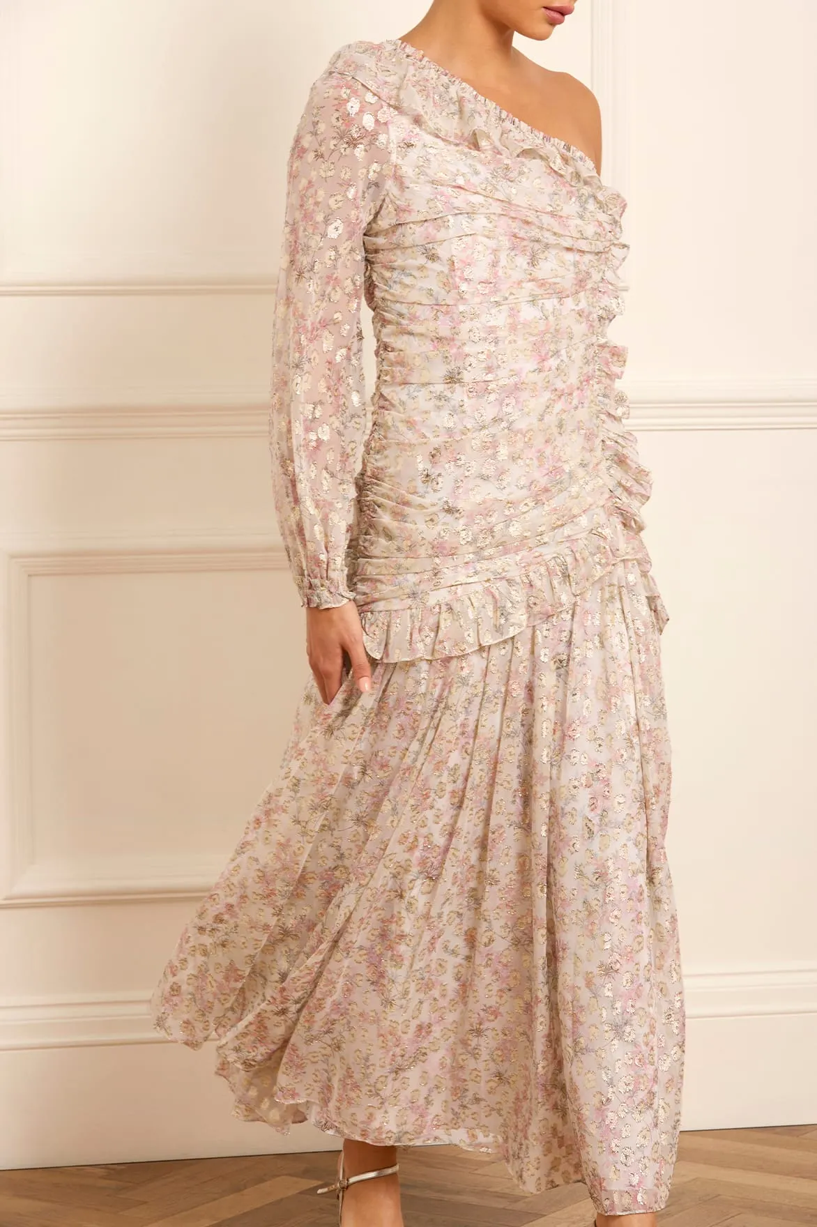 Ophelia Ditsy Lurex One-Shoulder Ankle Gown sold by Needle & Thread