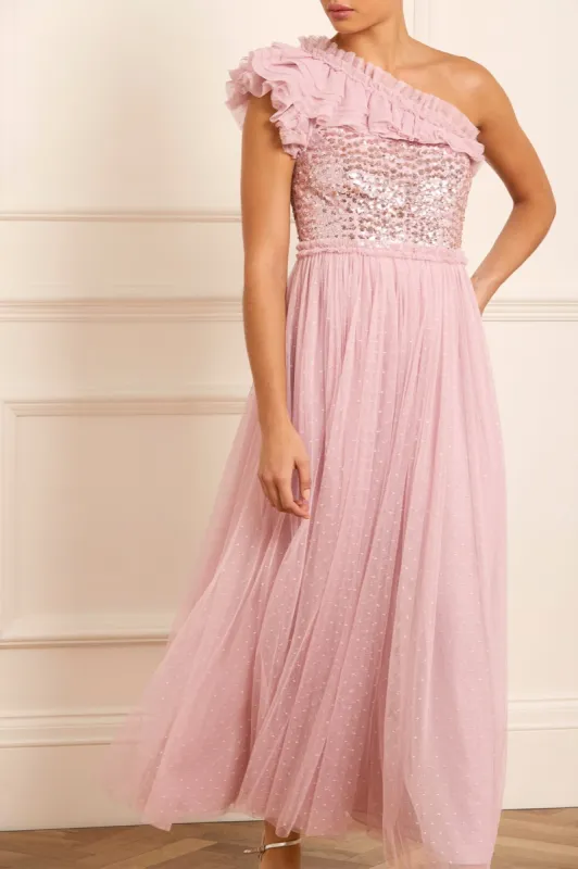 Raindrop Bodice One-Shoulder Ankle Gown sold by Needle & Thread