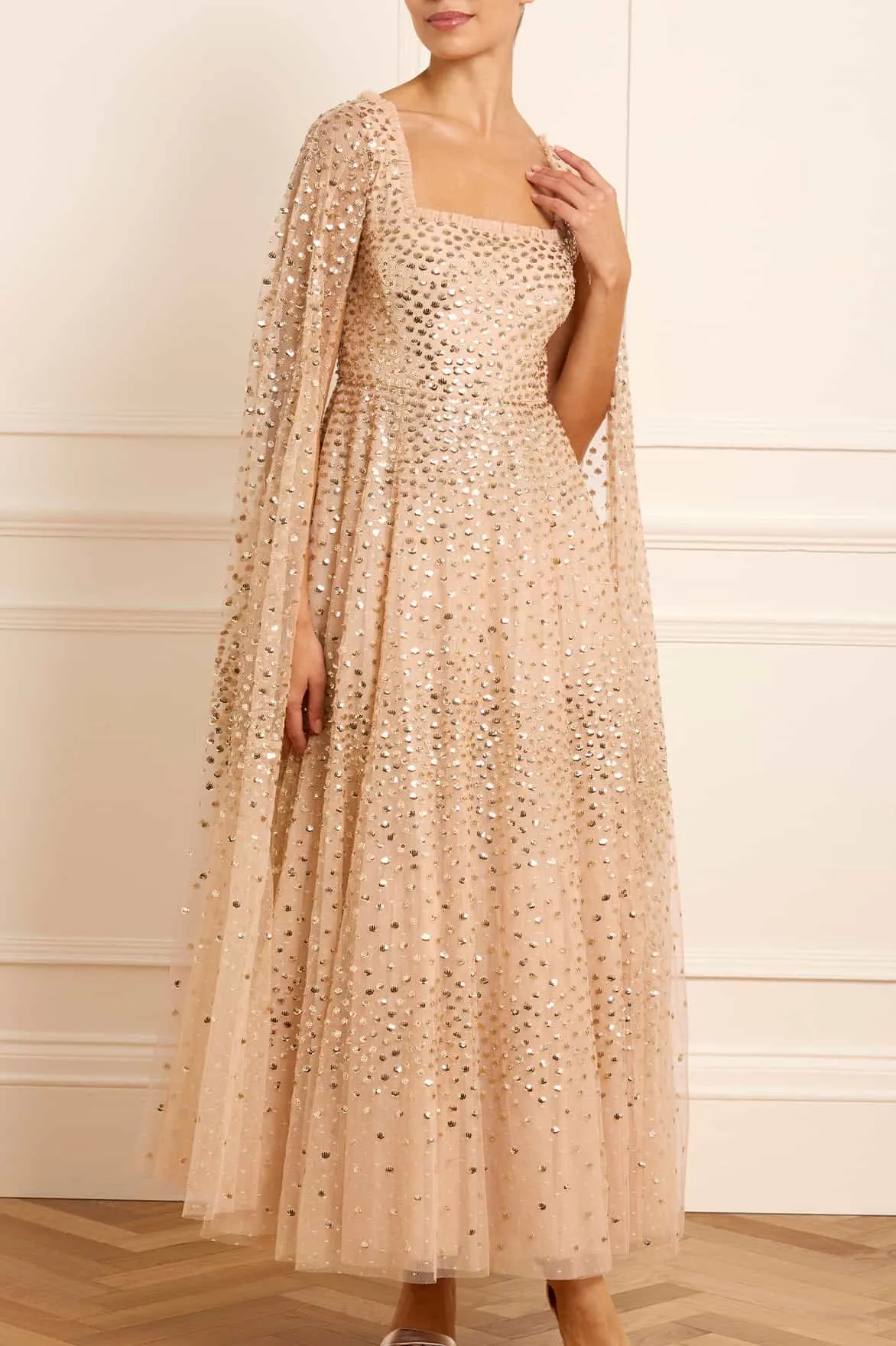 Scatter Dot Cape Sleeve Ankle Gown sold by Needle & Thread