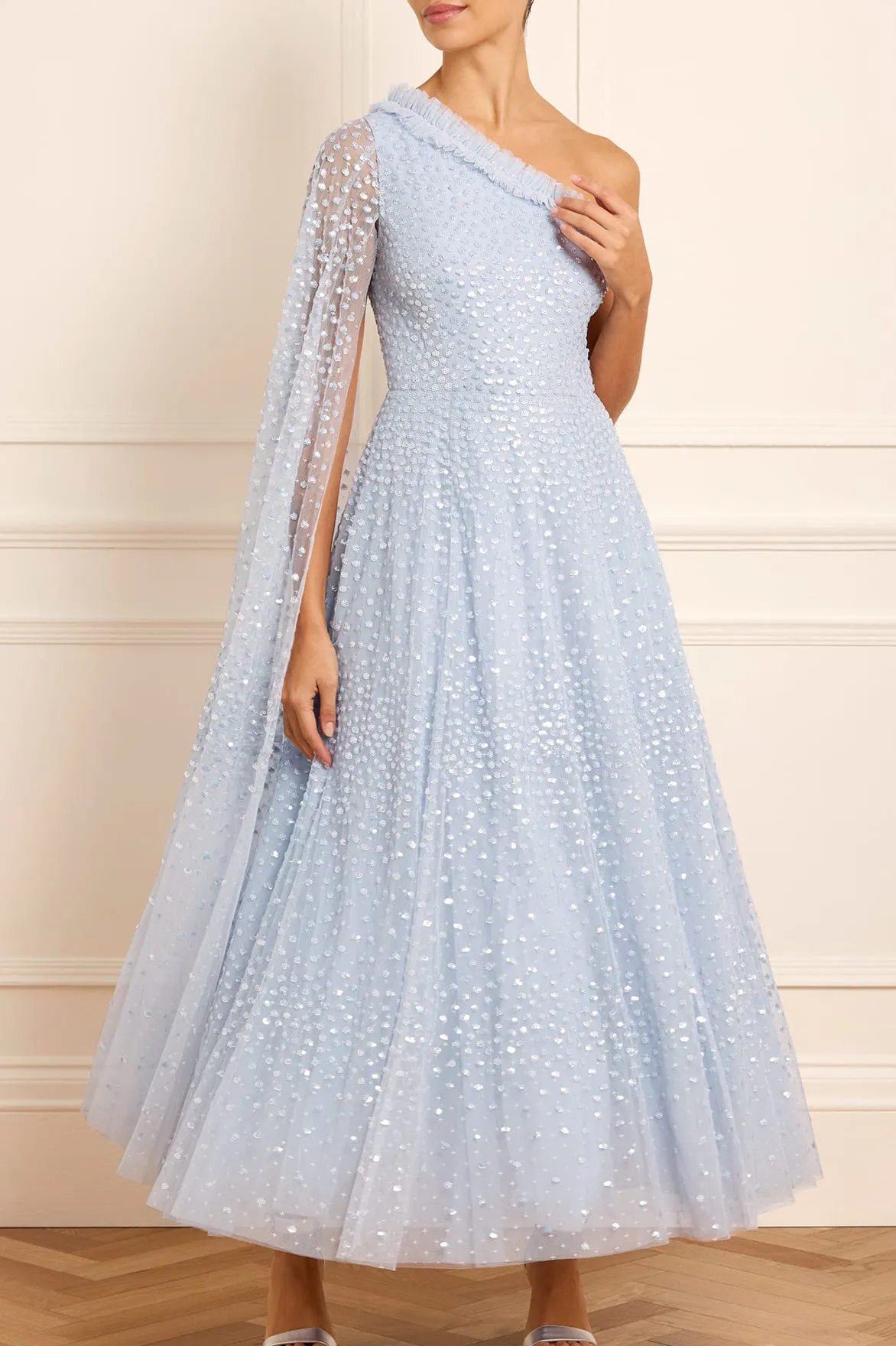 Scatter Dot One-Shoulder Ankle Gown sold by Needle & Thread