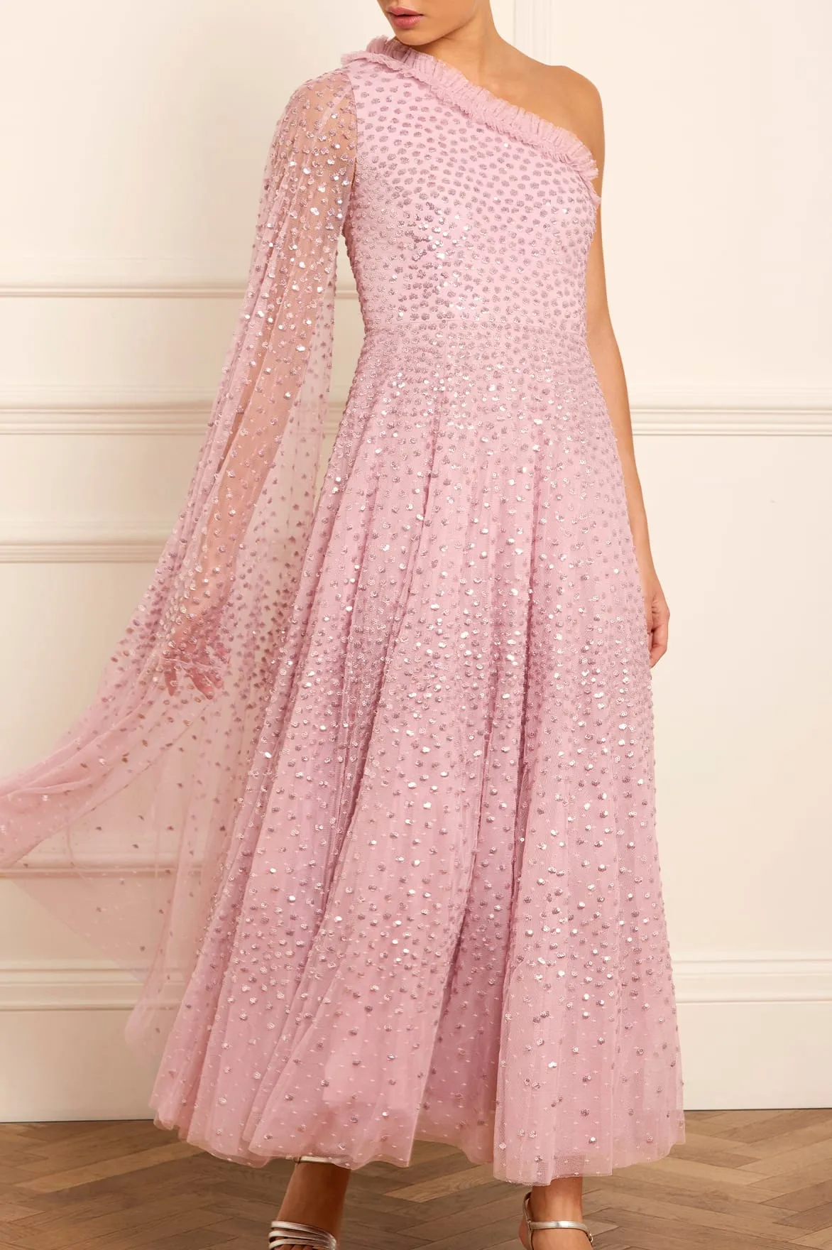 Scatter Dot One-Shoulder Ankle Gown sold by Needle & Thread