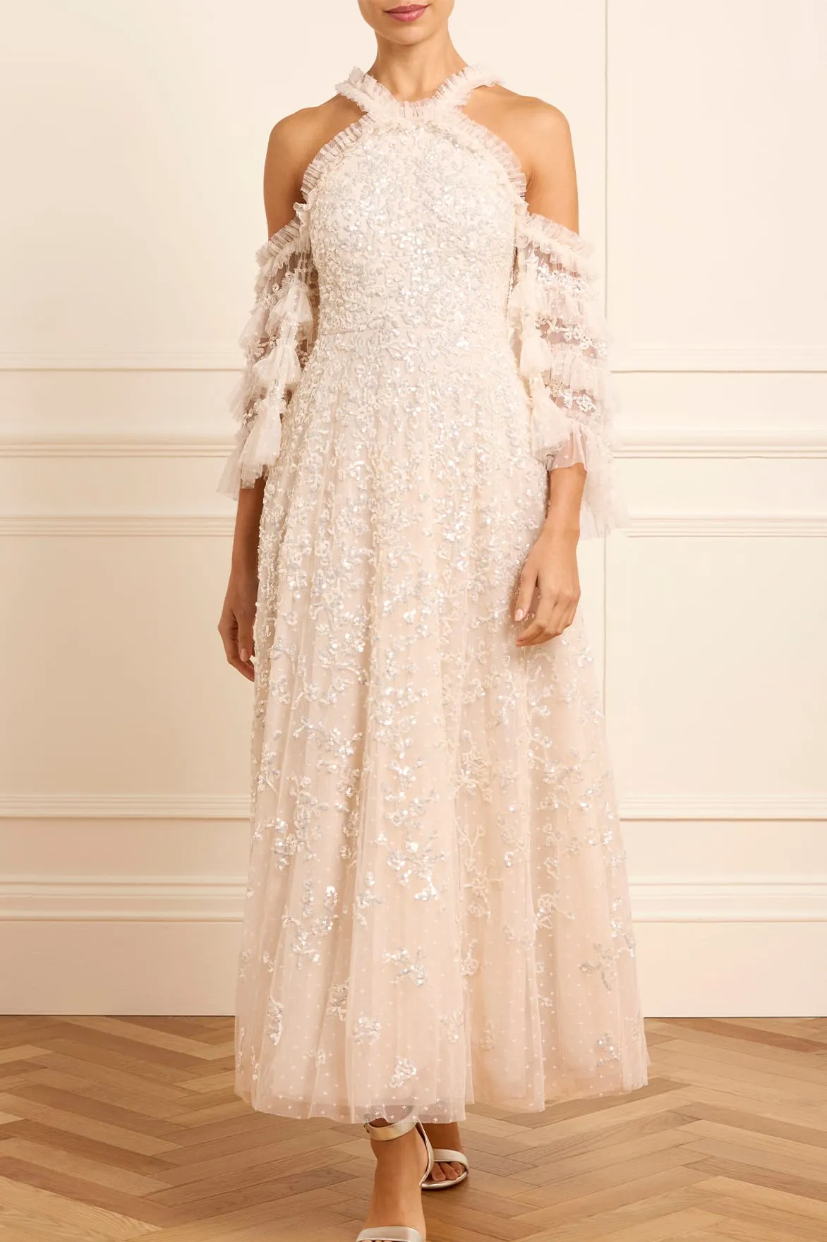 Floral Lace Off-Shoulder Ankle Gown sold by Needle & Thread