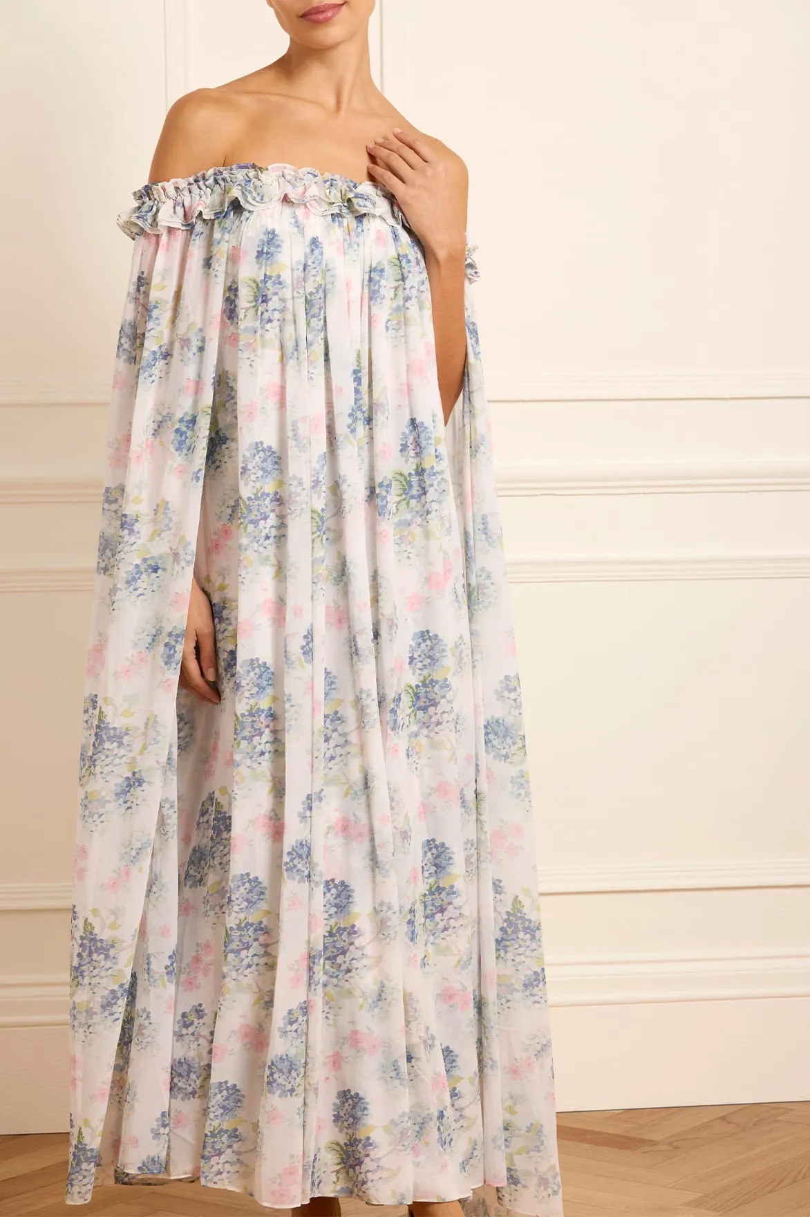 Hydrangea Chiffon Off-Shoulder Ankle Gown sold by Needle & Thread