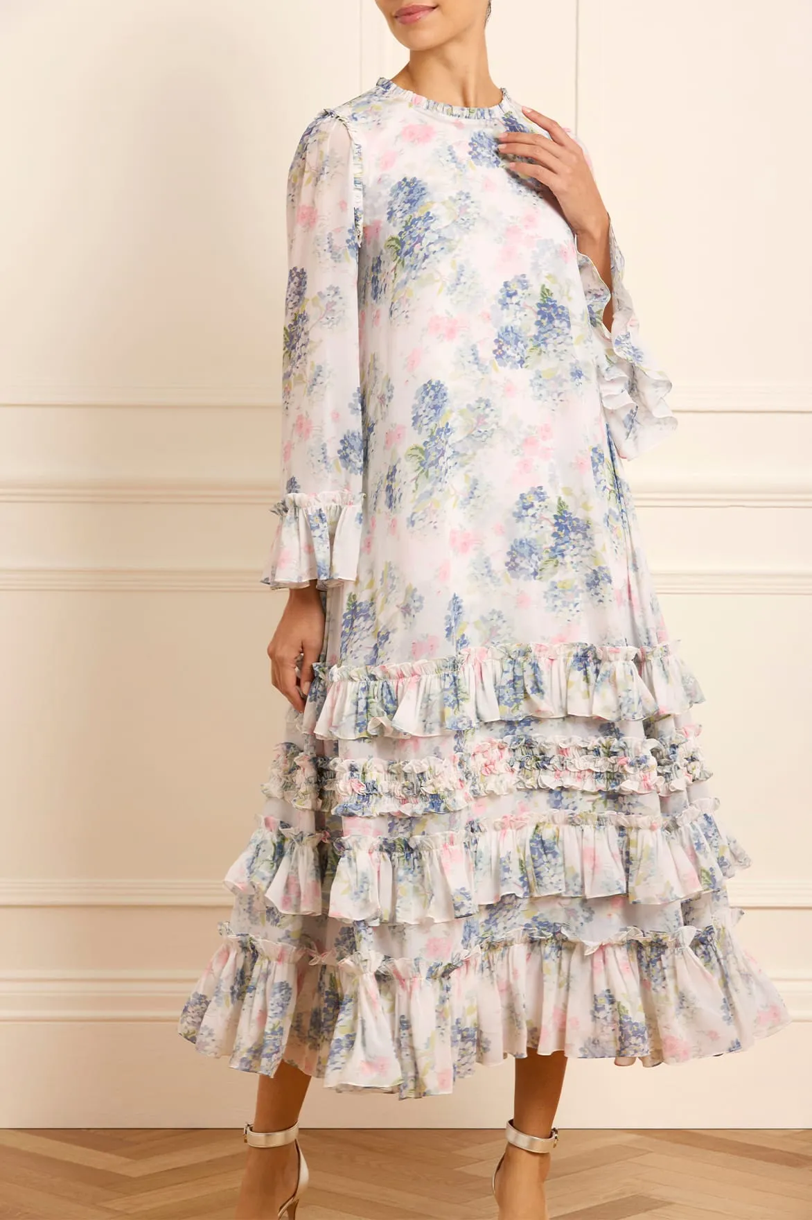 Hydrangea Chiffon Round Neck Ankle Gown sold by Needle & Thread