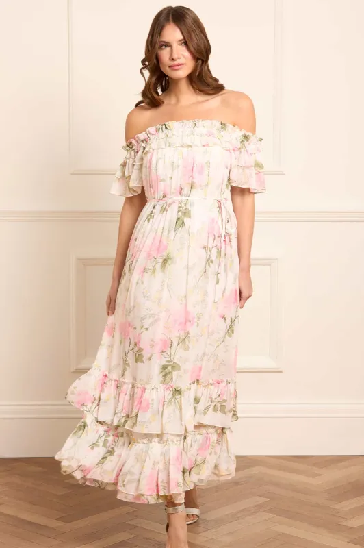 Rose Chiffon Off-Shoulder Ankle Gown made by Needle & Thread