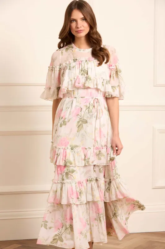 Rose Chiffon Tiered Cape Ankle Gown sold by Needle & Thread