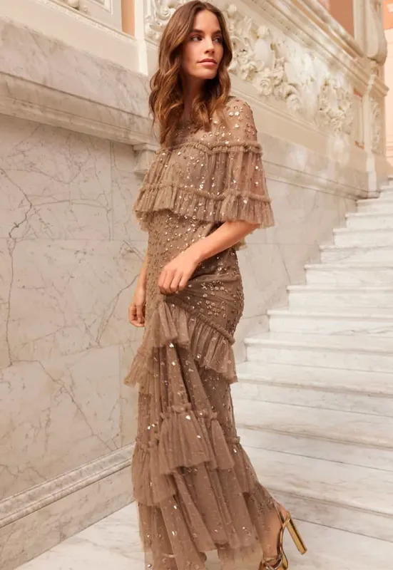 Leila Dot Tiered Cape Ankle Gown sold by Needle & Thread