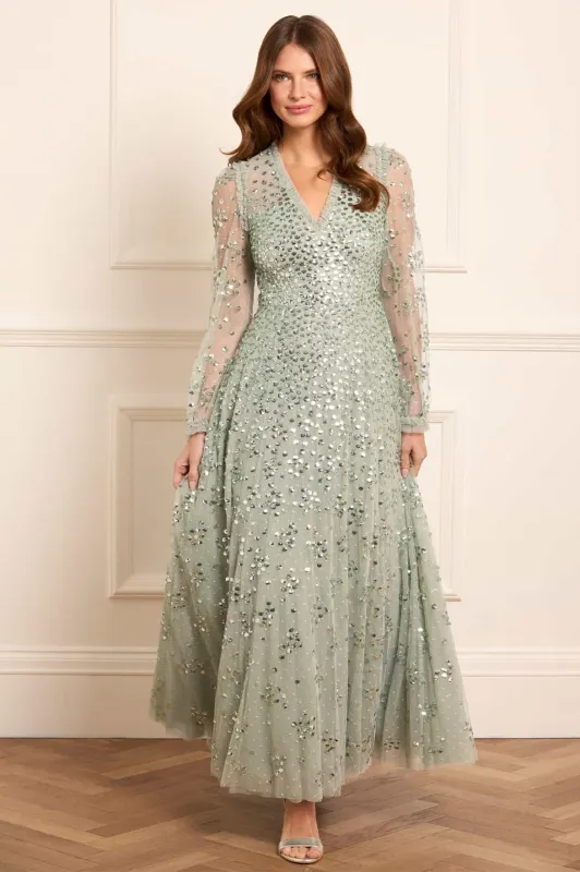 Leila Dot V-Neck Ankle Gown sold by Needle & Thread