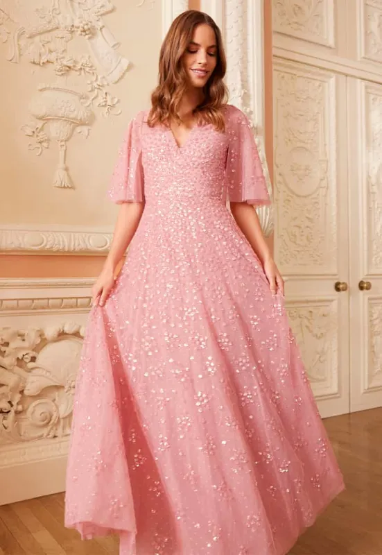 Leila Dot V-Neck Cape Ankle Gown sold by Needle & Thread