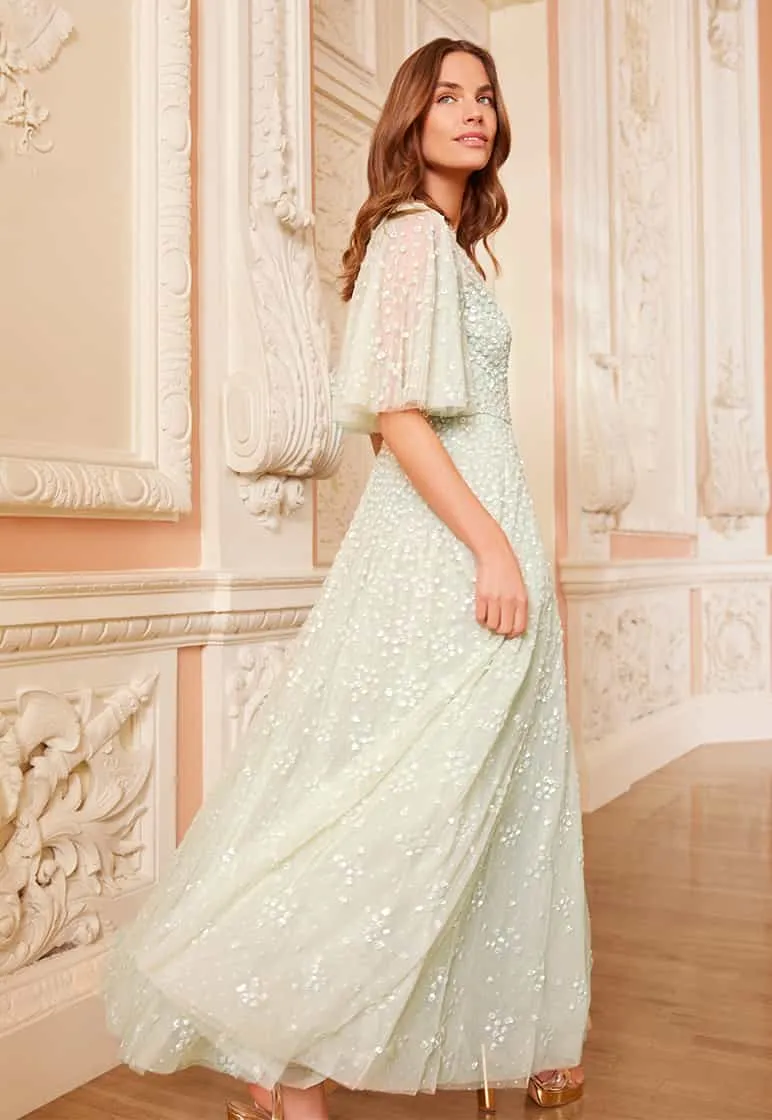 Leila Dot V-Neck Cape Ankle Gown sold by Needle & Thread