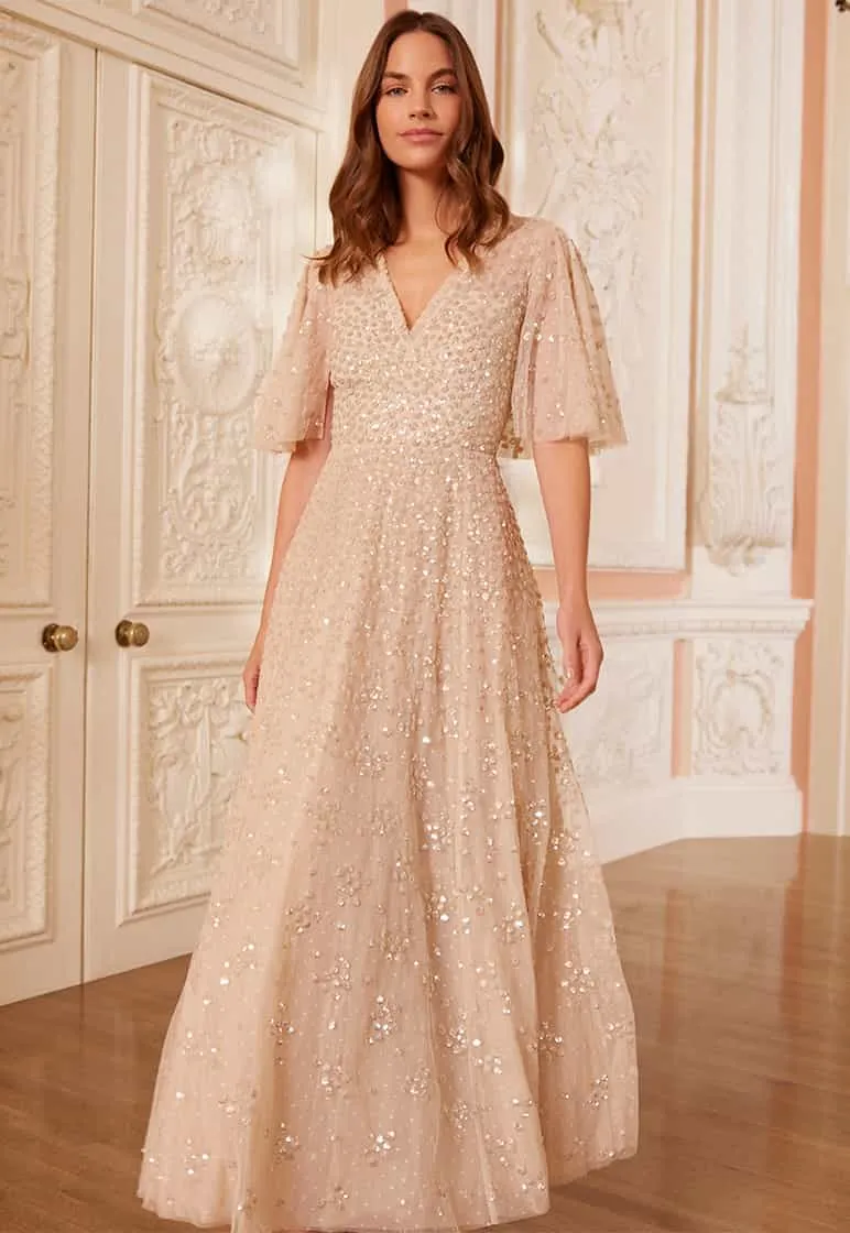 Leila Dot V-Neck Cape Ankle Gown sold by Needle & Thread