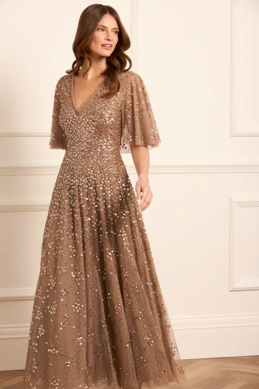 Leila Dot V-Neck Cape Ankle Gown sold by Needle & Thread