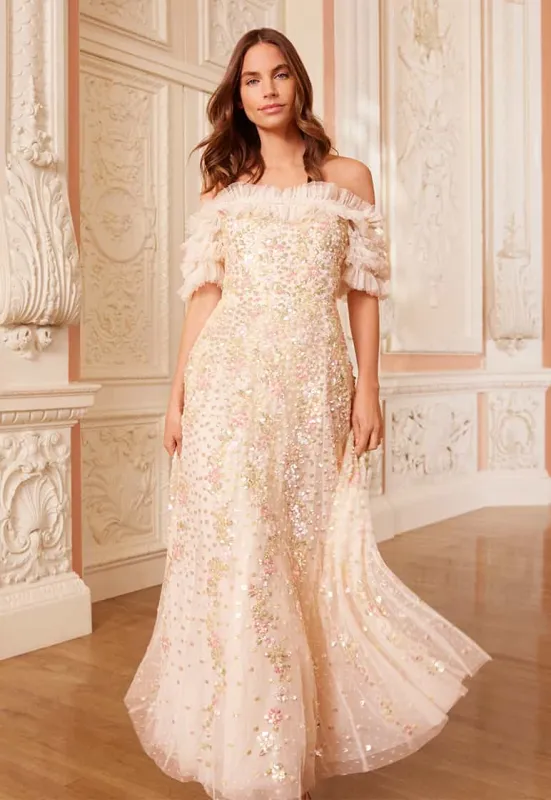 Confetti Ruffle Off-Shoulder Ankle Gown sold by Needle & Thread