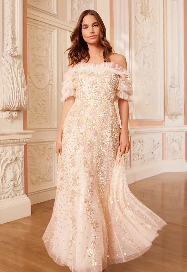 Confetti Ruffle Off-Shoulder Ankle Gown sold by Needle & Thread