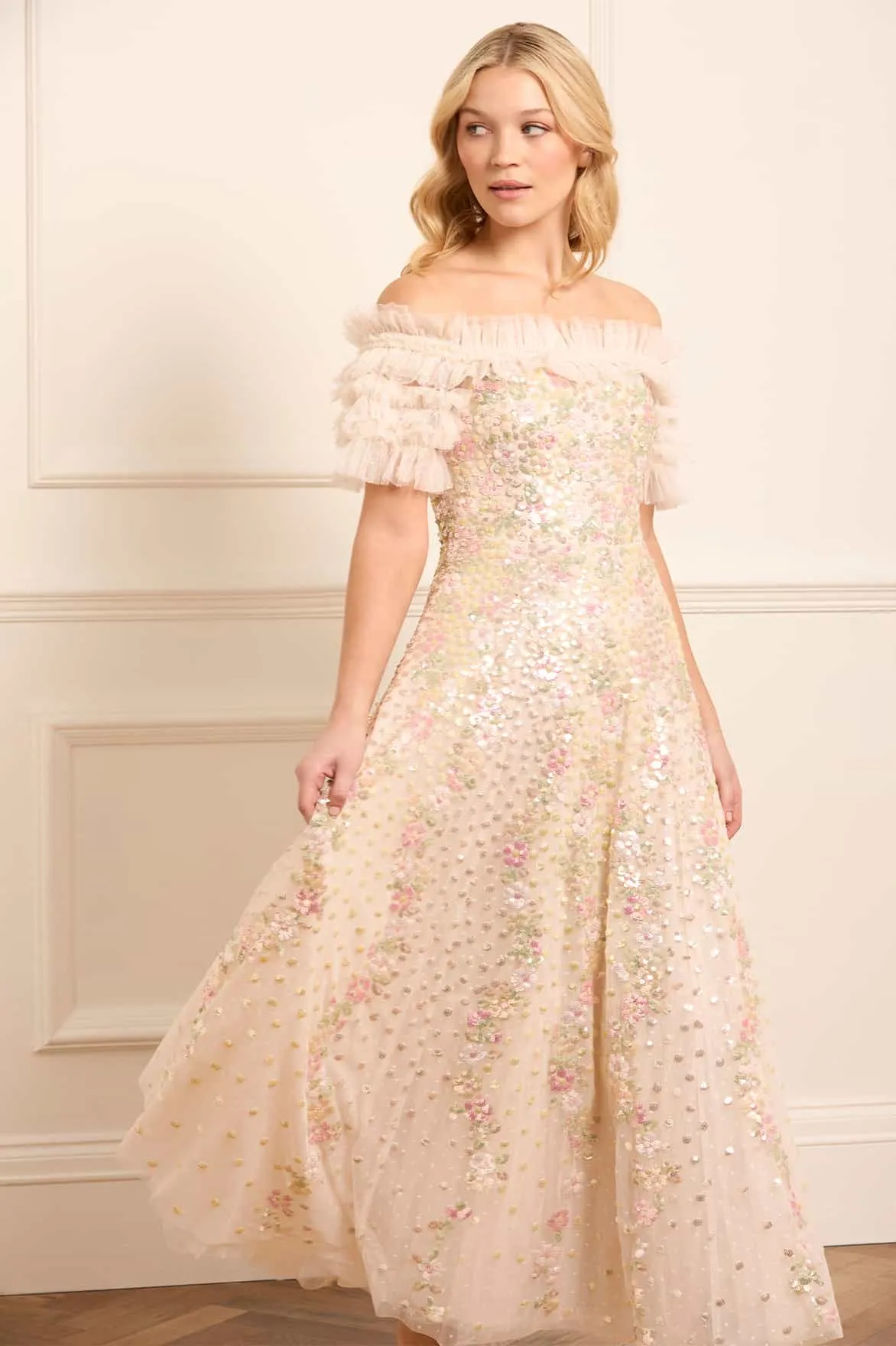 Confetti Ruffle Off-Shoulder Ankle Gown sold by Needle & Thread product image thumbnail 4