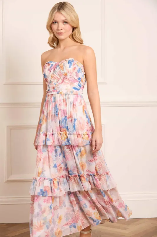 Mariannes Floral Chiffon Strapless Ankle Gown sold by Needle & Thread