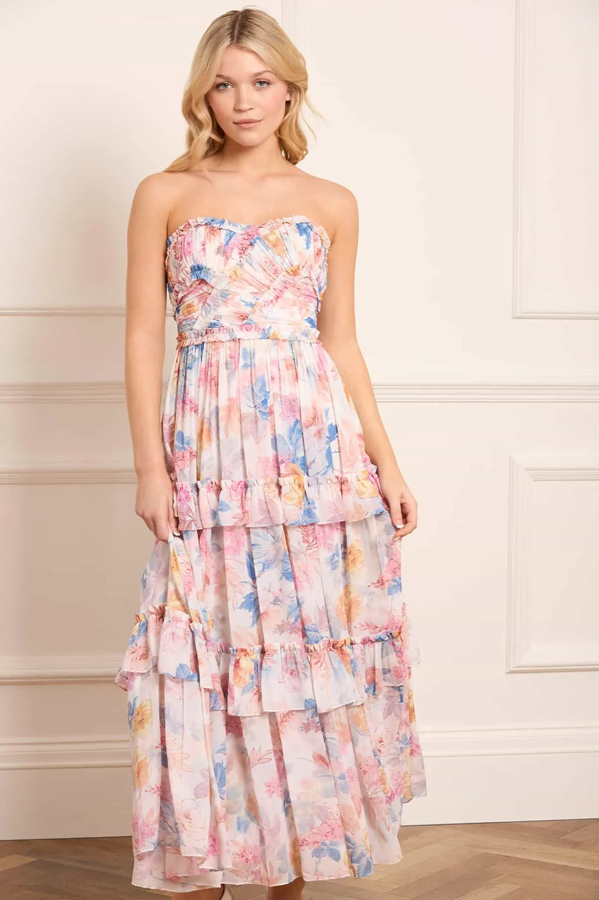 Mariannes Floral Chiffon Strapless Ankle Gown sold by Needle & Thread product image thumbnail 3