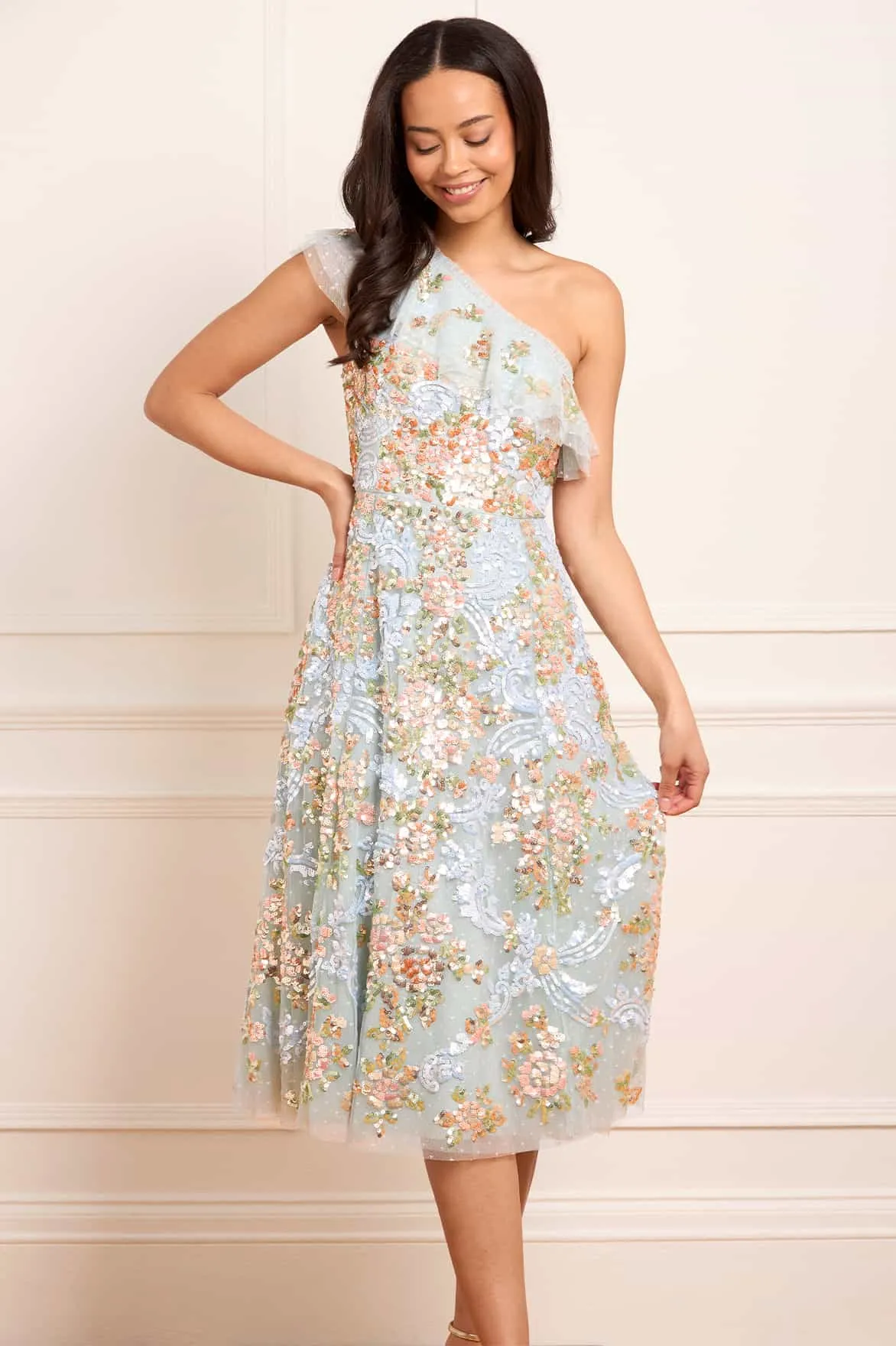 Baroque Floral One-Shoulder Midaxi Dress sold by Needle & Thread