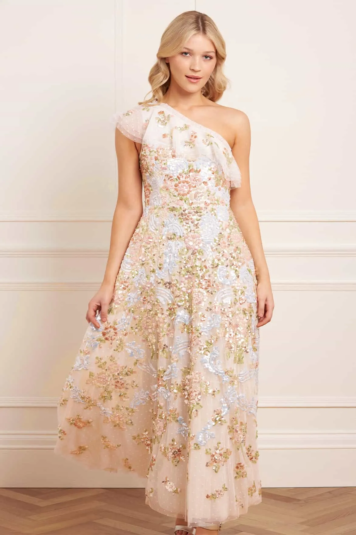 Baroque Floral One-Shoulder Ankle Gown sold by Needle & Thread