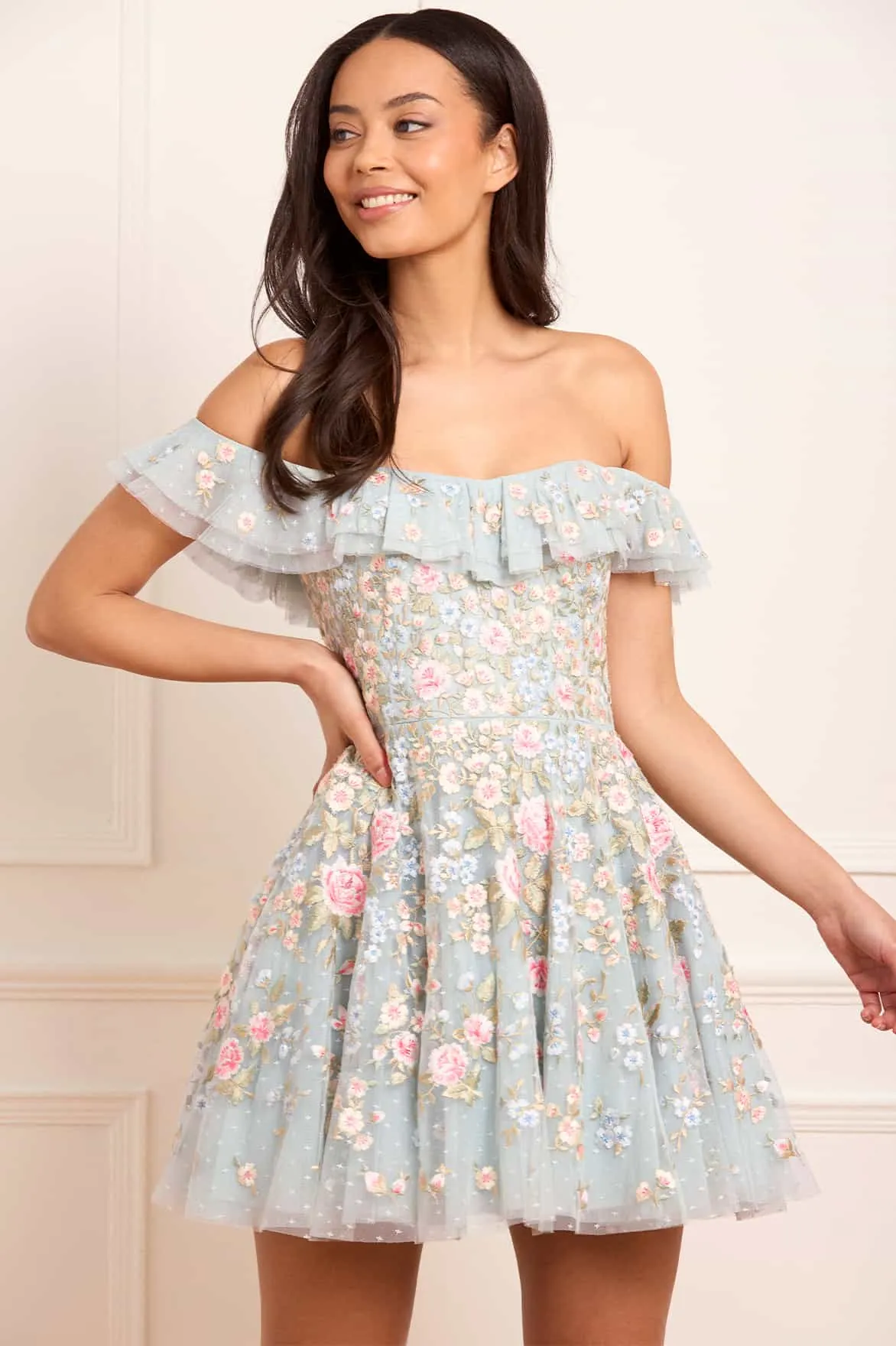 Antoinettes Floral Off-Shoulder Micro Mini Dress sold by Needle & Thread