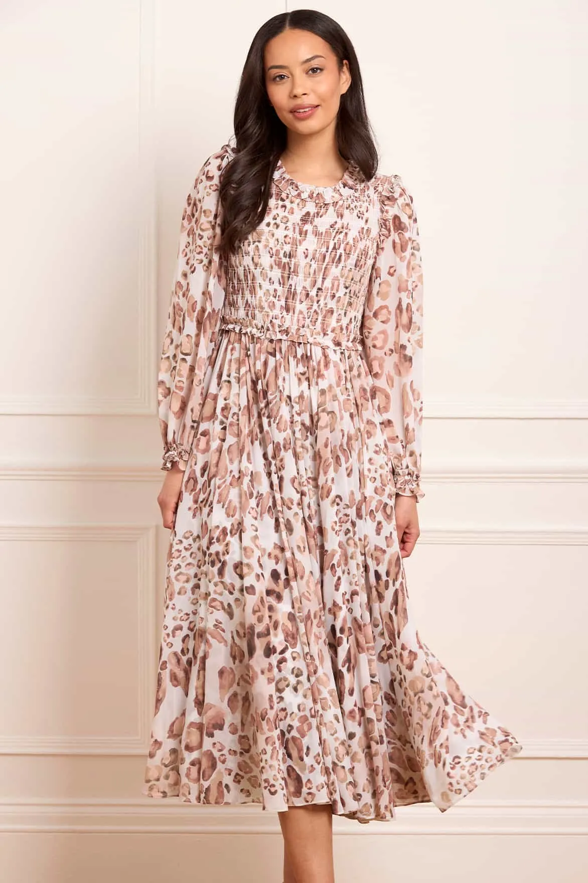 Leopard Chiffon Smocked Ballerina Dress sold by Needle & Thread