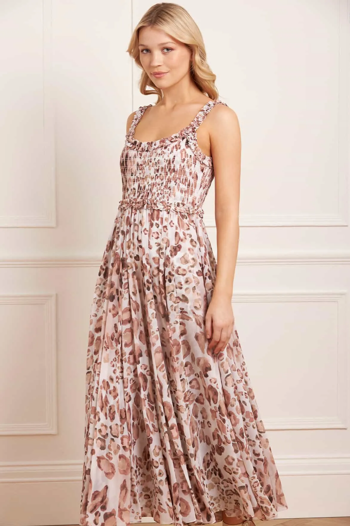 Leopard Chiffon Smocked Cami Ankle Gown sold by Needle & Thread