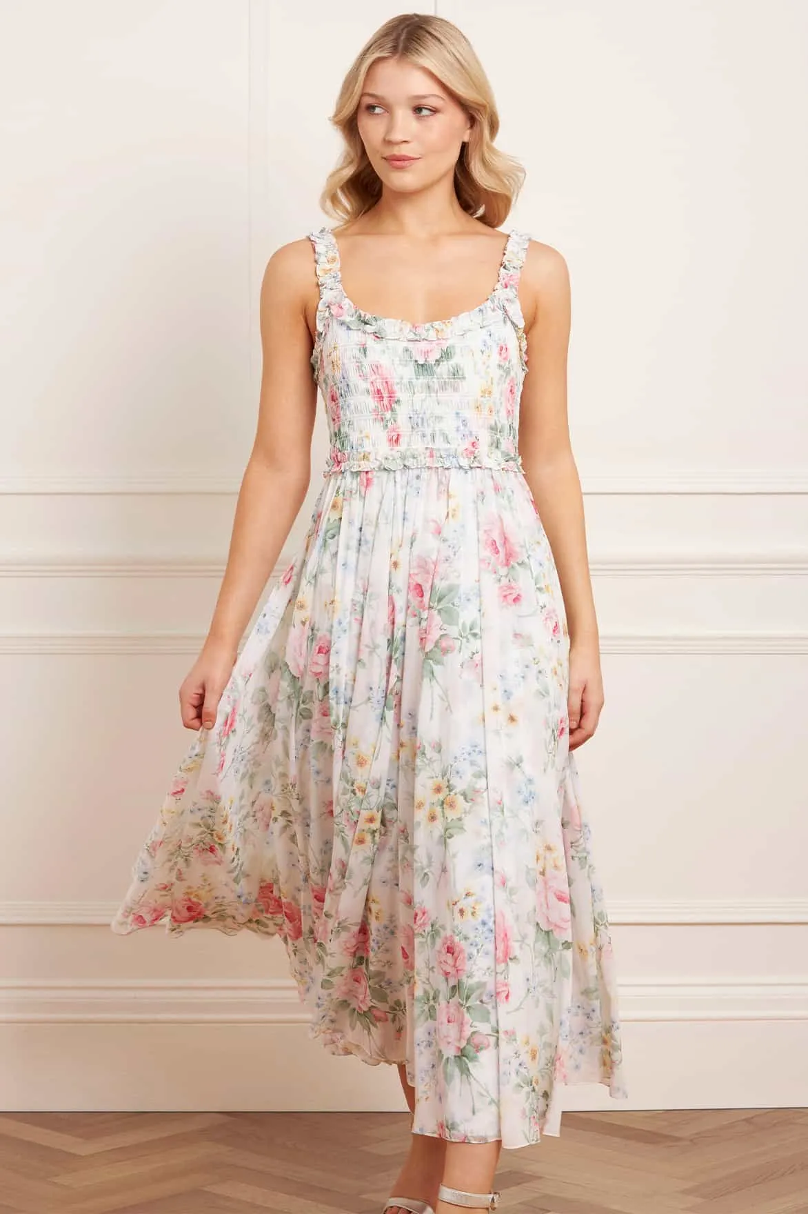 Pompadour Garden Chiffon Smocked Cami Ankle Gown sold by Needle & Thread