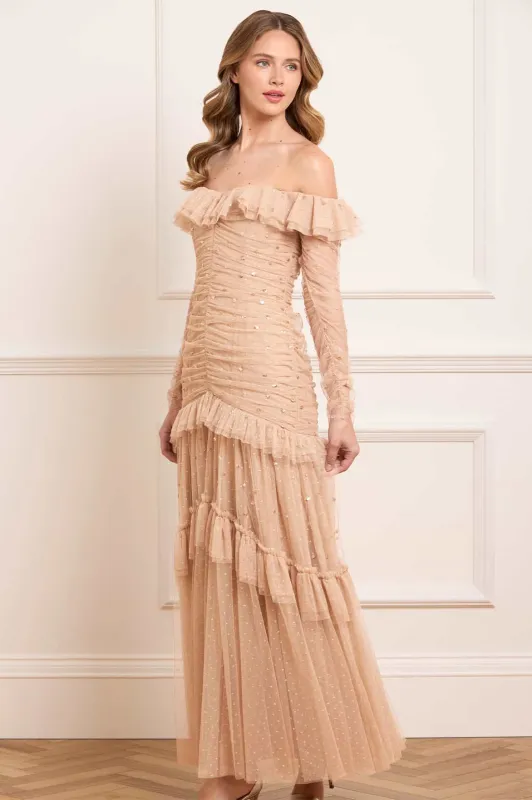 Sequin Glimmer Rouched Off-Shoulder Gown sold by Needle & Thread