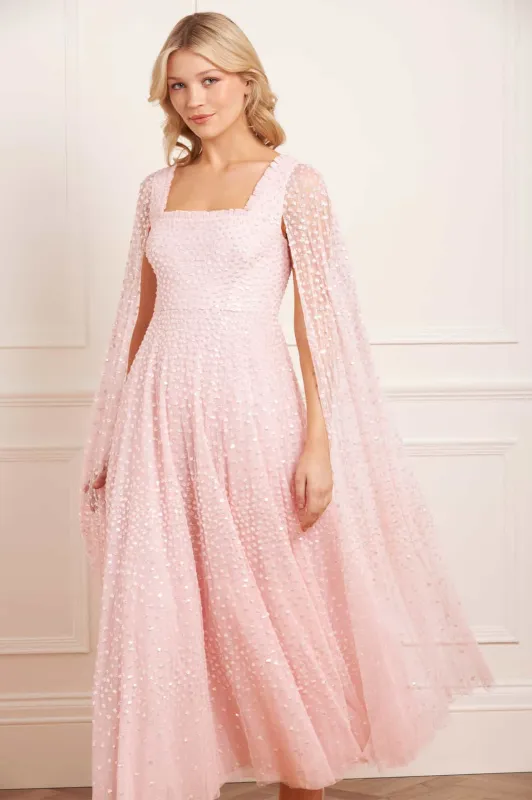 Scatter Dot Cape Sleeve Ankle Gown made by Needle & Thread