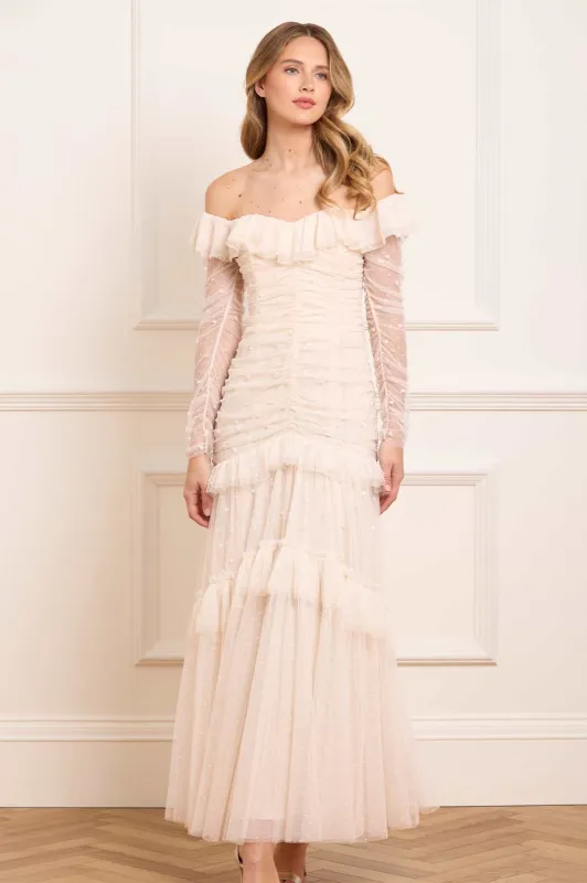 Sequin Glimmer Rouched Off-Shoulder Gown sold by Needle & Thread