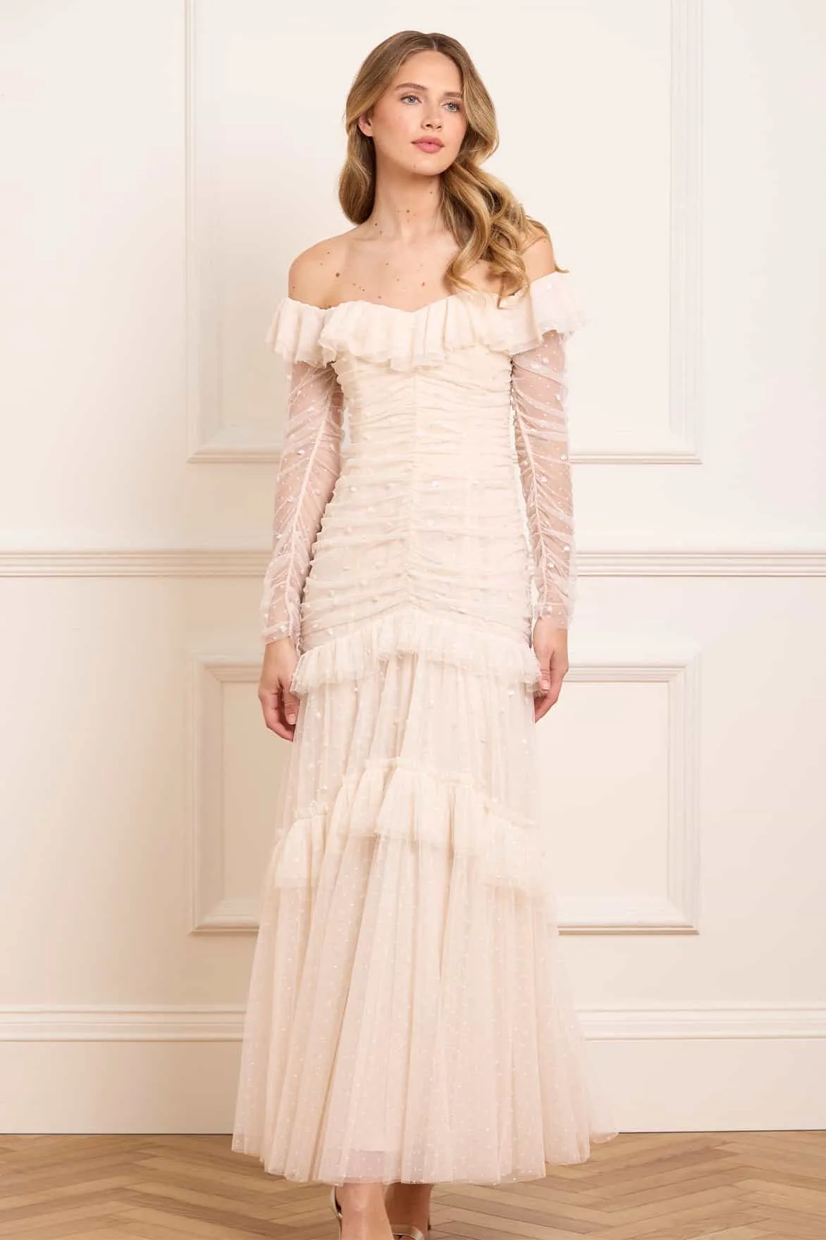 Sequin Glimmer Rouched Off-Shoulder Gown sold by Needle & Thread