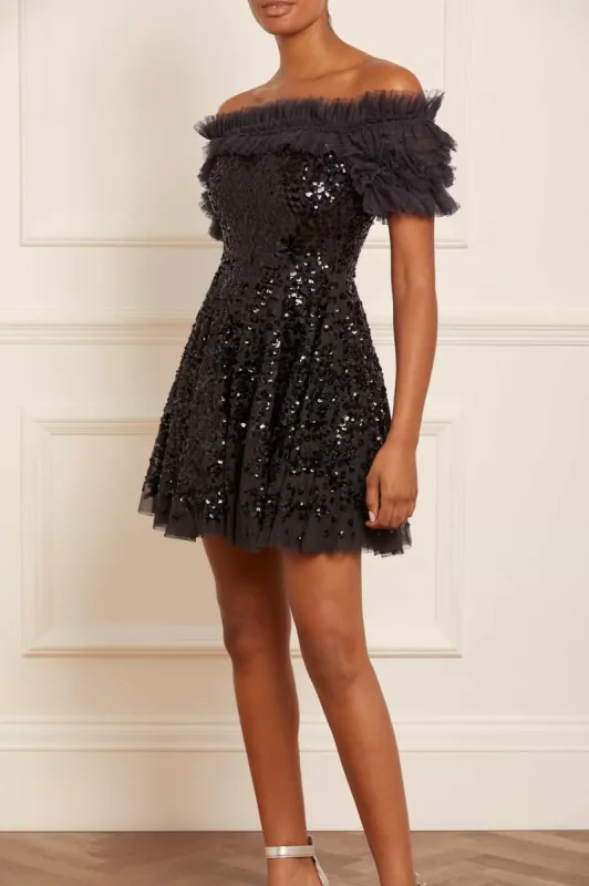 Sequin Wreath Off-Shoulder Micro Mini Dress sold by Needle & Thread