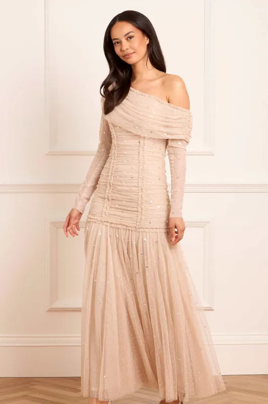 Gigi Dot One-Shoulder Rouched Gown sold by Needle & Thread