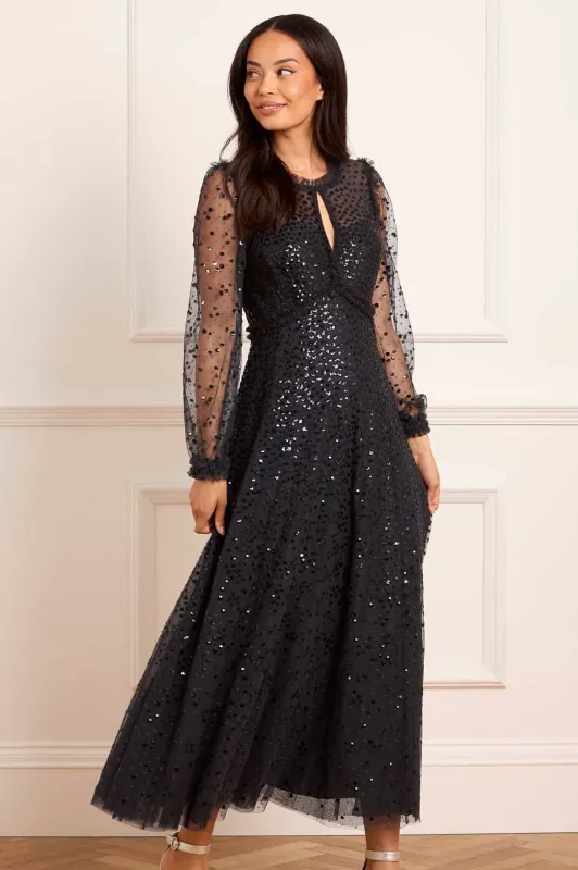 Dappled Sequin Long Sleeve Ankle Gown sold by Needle & Thread