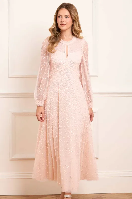 Dappled Sequin Long Sleeve Ankle Gown sold by Needle & Thread