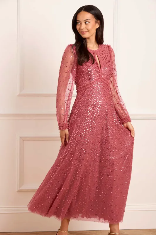 Dappled Sequin Long Sleeve Ankle Gown made by Needle & Thread