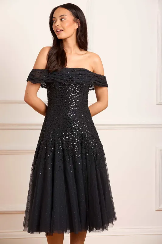 Dappled Sequin Draped Off-Shoulder Midaxi Dress sold by Needle & Thread