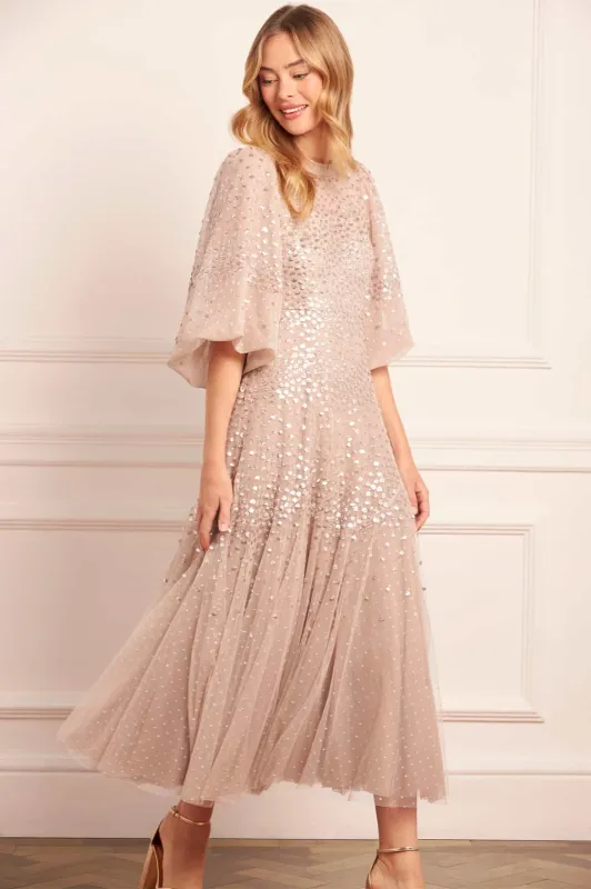 Scallop Sequin Round Neck Ankle Gown sold by Needle & Thread