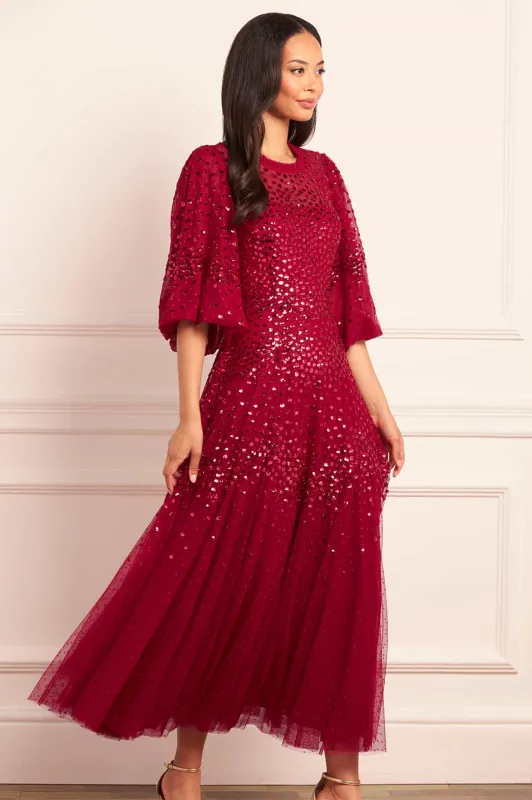 Scallop Sequin Round Neck Ankle Gown sold by Needle & Thread