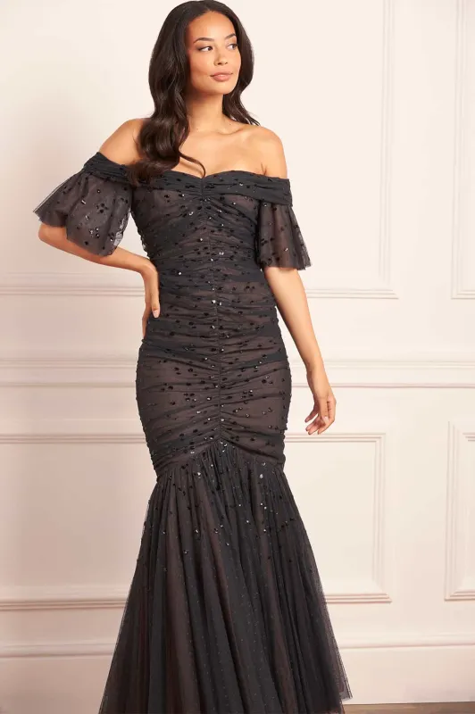 Dappled Sequin Rouched Off-Shoulder Gown sold by Needle & Thread