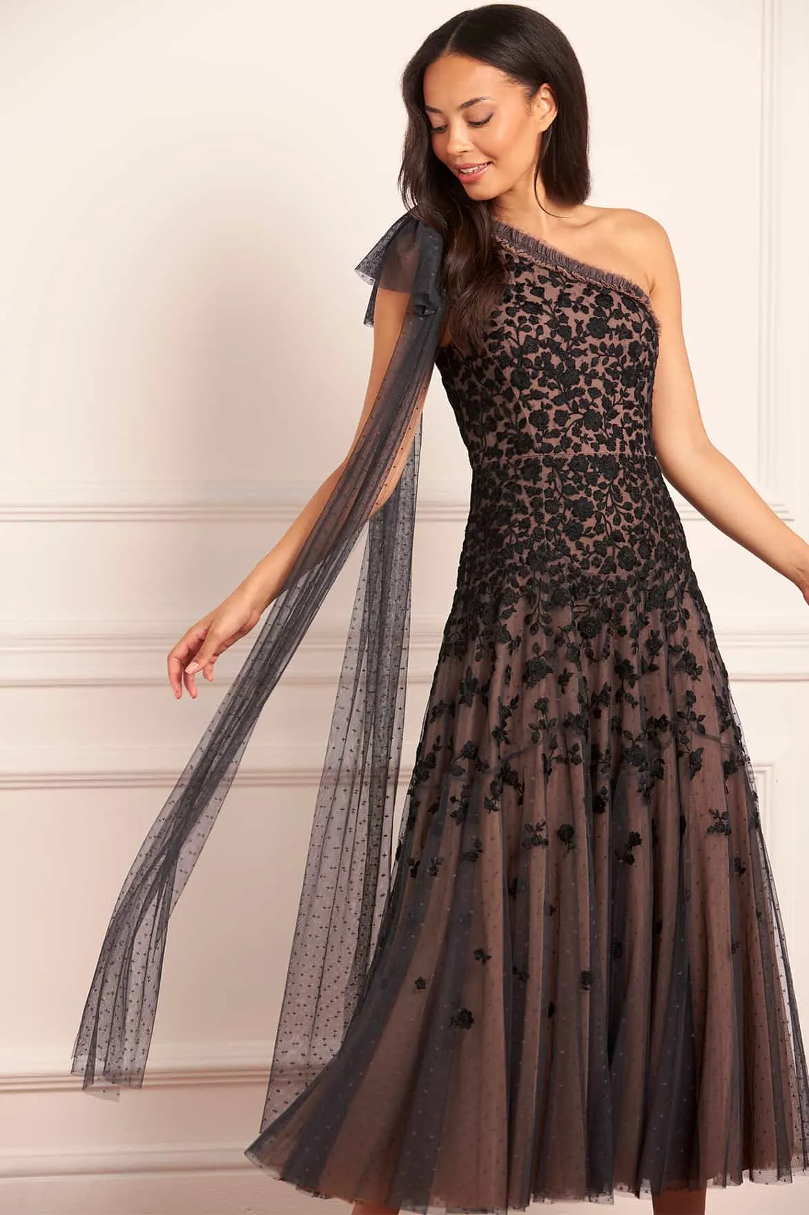 Sylvia Rose One-Shoulder Bow Ankle Gown sold by Needle & Thread product image thumbnail 3