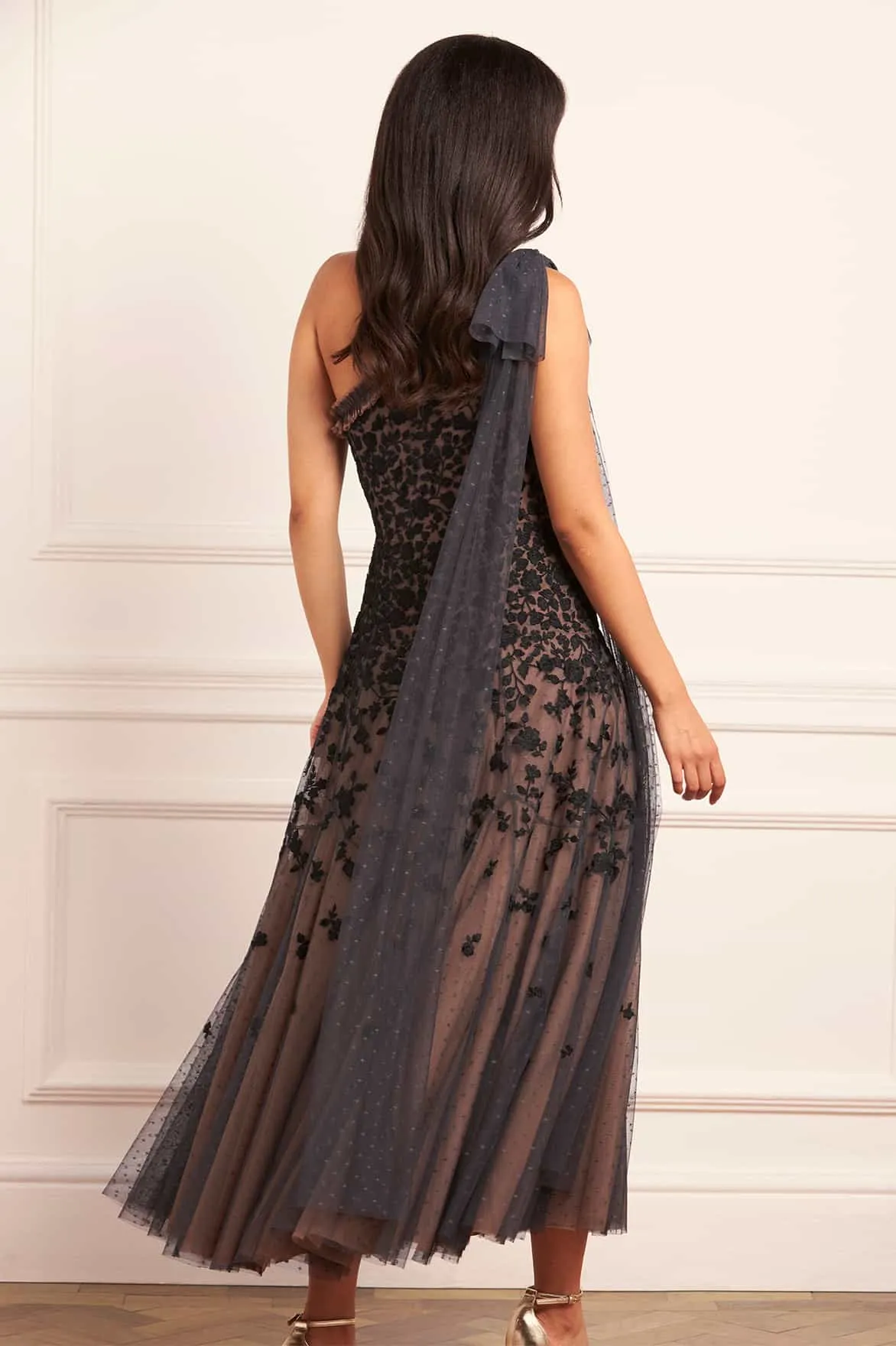 Sylvia Rose One-Shoulder Bow Ankle Gown sold by Needle & Thread product image thumbnail 5