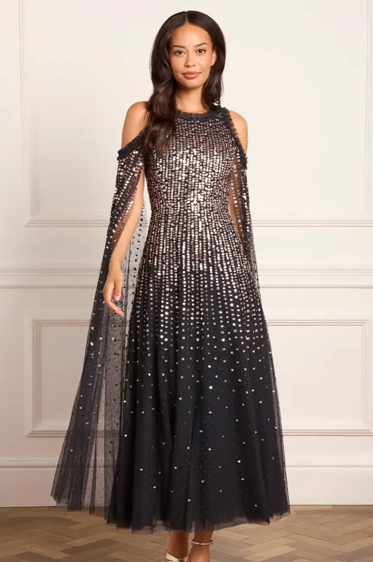 Moonlight Sequin Cape Sleeve Ankle Gown sold by Needle & Thread