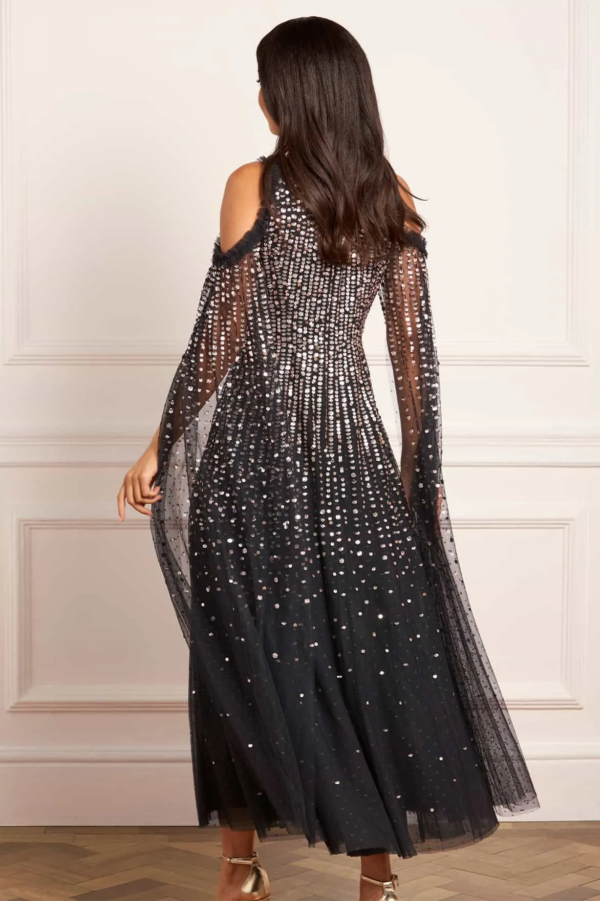 Moonlight Sequin Cape Sleeve Ankle Gown sold by Needle & Thread product image thumbnail 5