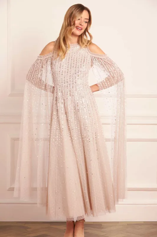 Moonlight Sequin Cape Sleeve Ankle Gown sold by Needle & Thread