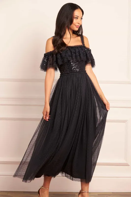 Dappled Sequin Bodice Off-Shoulder Ankle Gown sold by Needle & Thread